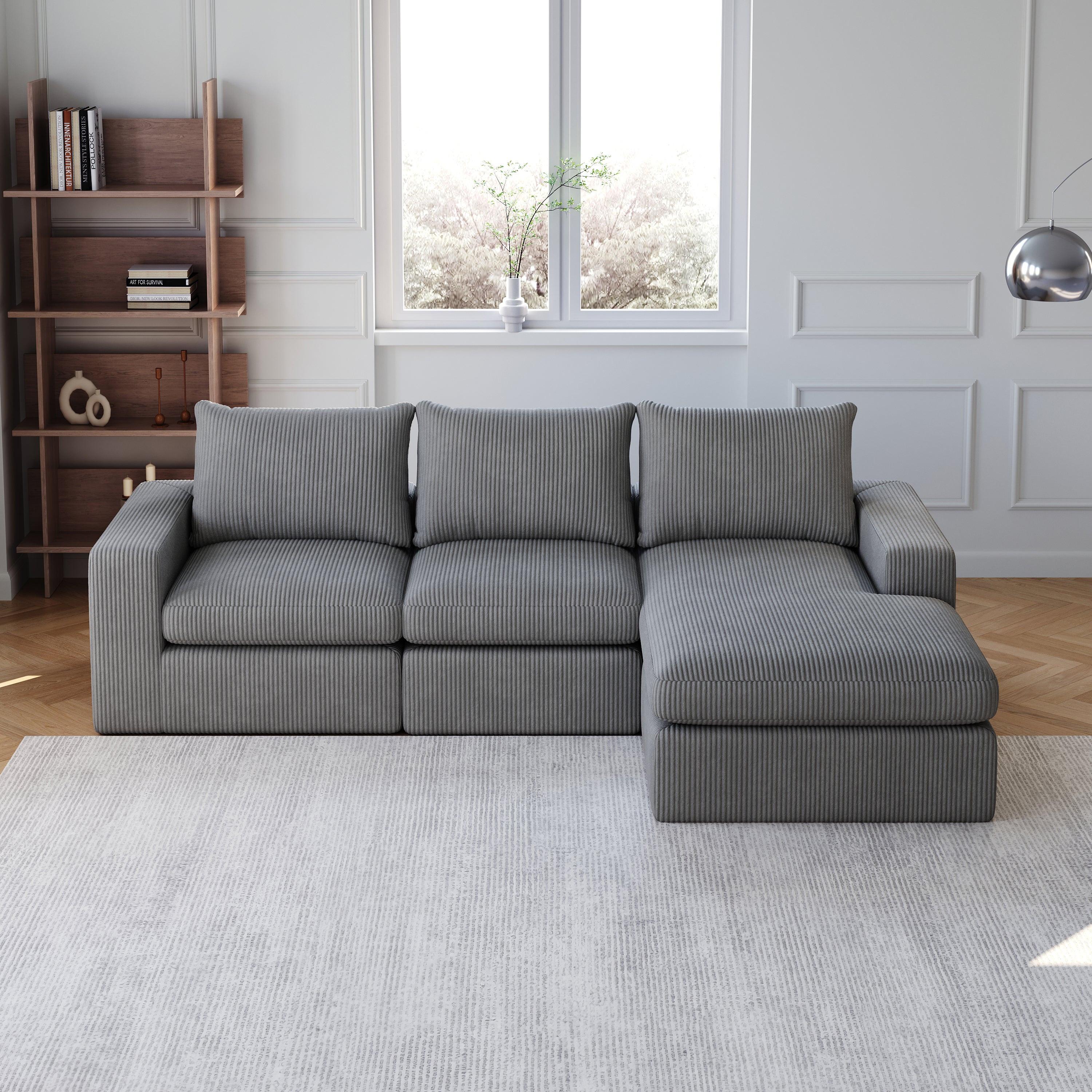 99-Inch Grey L-Shaped Corduroy Sectional Sofa With Chaise.