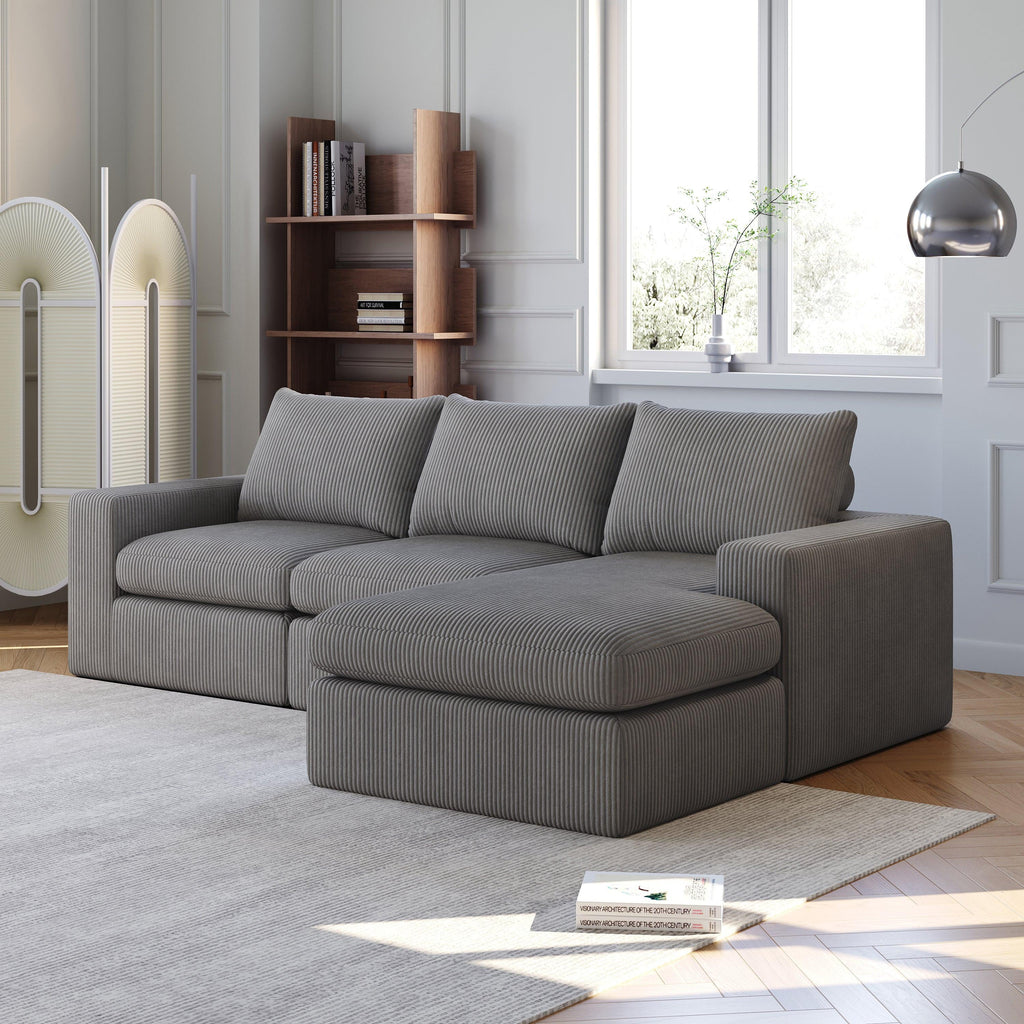 99-Inch Grey L-Shaped Corduroy Sectional Sofa With Chaise.