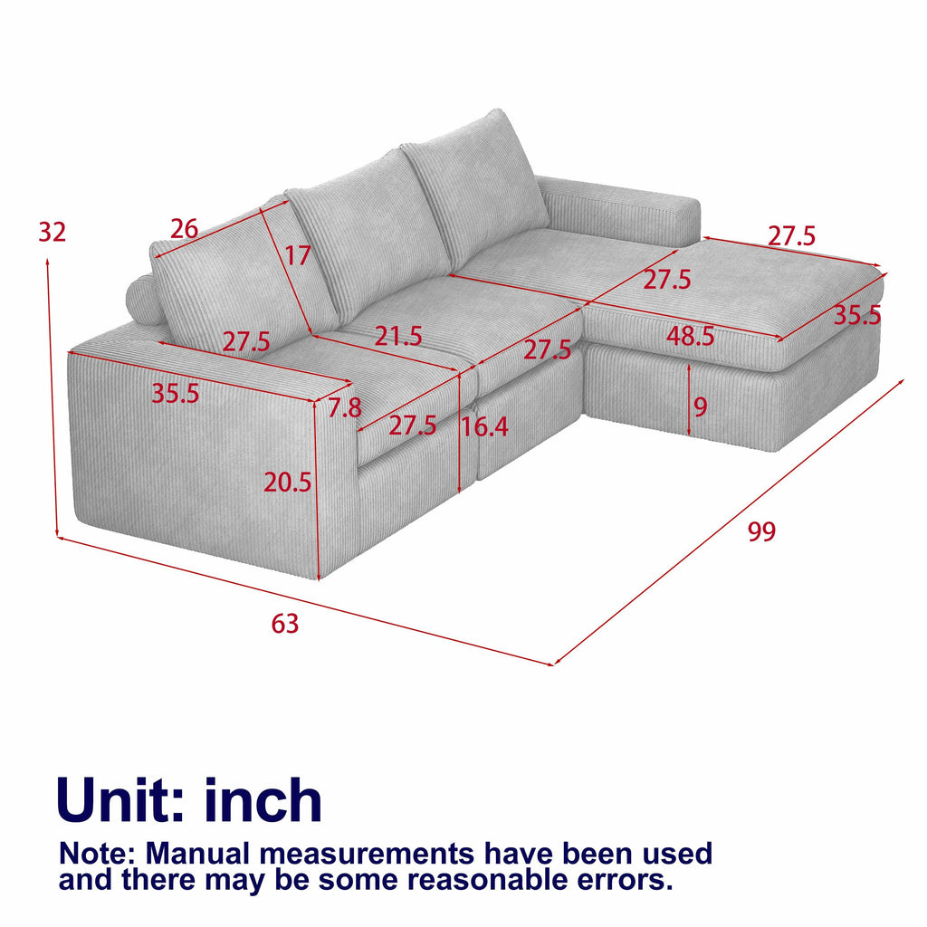 99-Inch Grey L-Shaped Corduroy Sectional Sofa With Chaise.