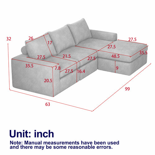 99-Inch Boneless Couch with Chaise, L-Shaped Modern Upholstered Sectional Sofa with Three pillows, Corduroy Sectional Sofa for Living Room and Bedroom, No Assembly Required