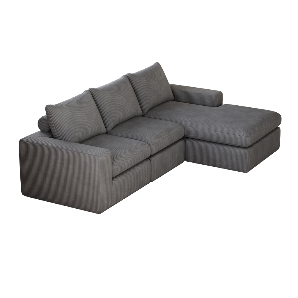 99-Inch Grey L-Shaped Corduroy Sectional Sofa With Chaise.