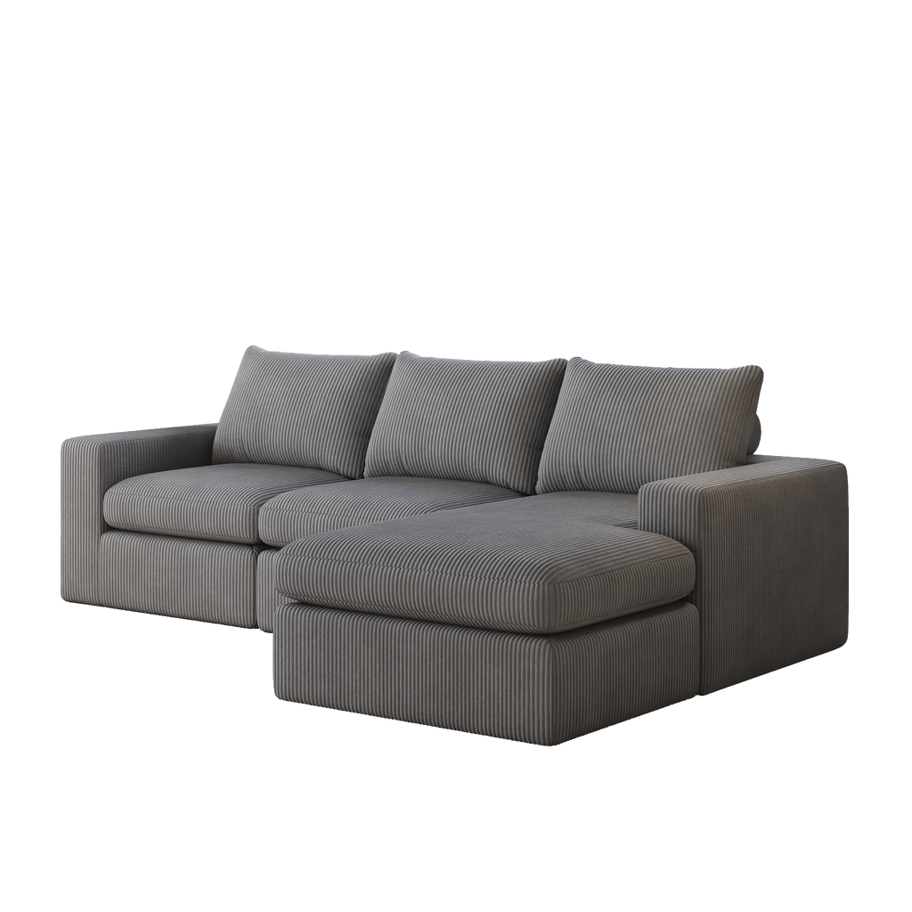 99-Inch Grey L-Shaped Corduroy Sectional Sofa With Chaise.