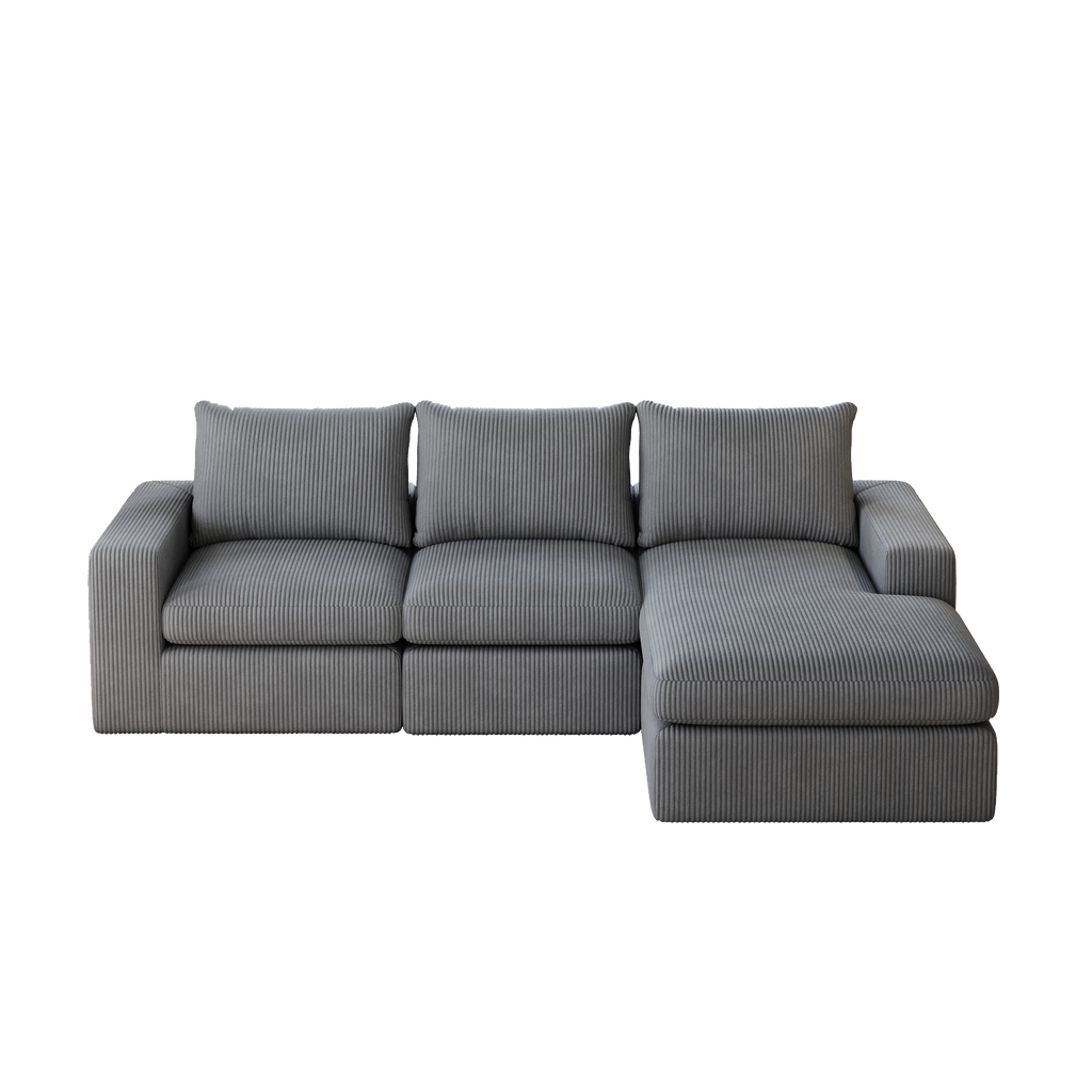 99-Inch Grey L-Shaped Corduroy Sectional Sofa With Chaise.