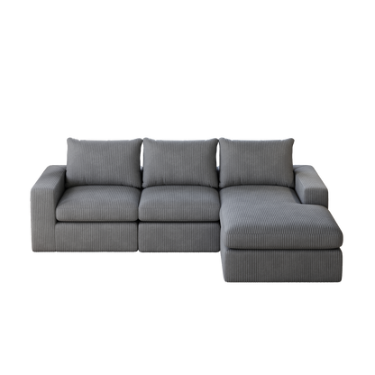 99-Inch Boneless Couch with Chaise, L-Shaped Modern Upholstered Sectional Sofa with Three pillows, Corduroy Sectional Sofa for Living Room and Bedroom, No Assembly Required