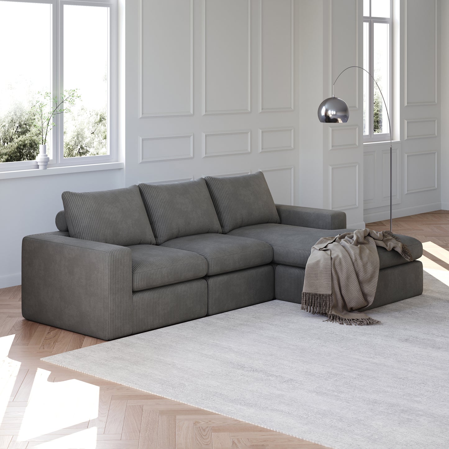 99-Inch Boneless Couch with Chaise, L-Shaped Modern Upholstered Sectional Sofa with Three pillows, Corduroy Sectional Sofa for Living Room and Bedroom, No Assembly Required