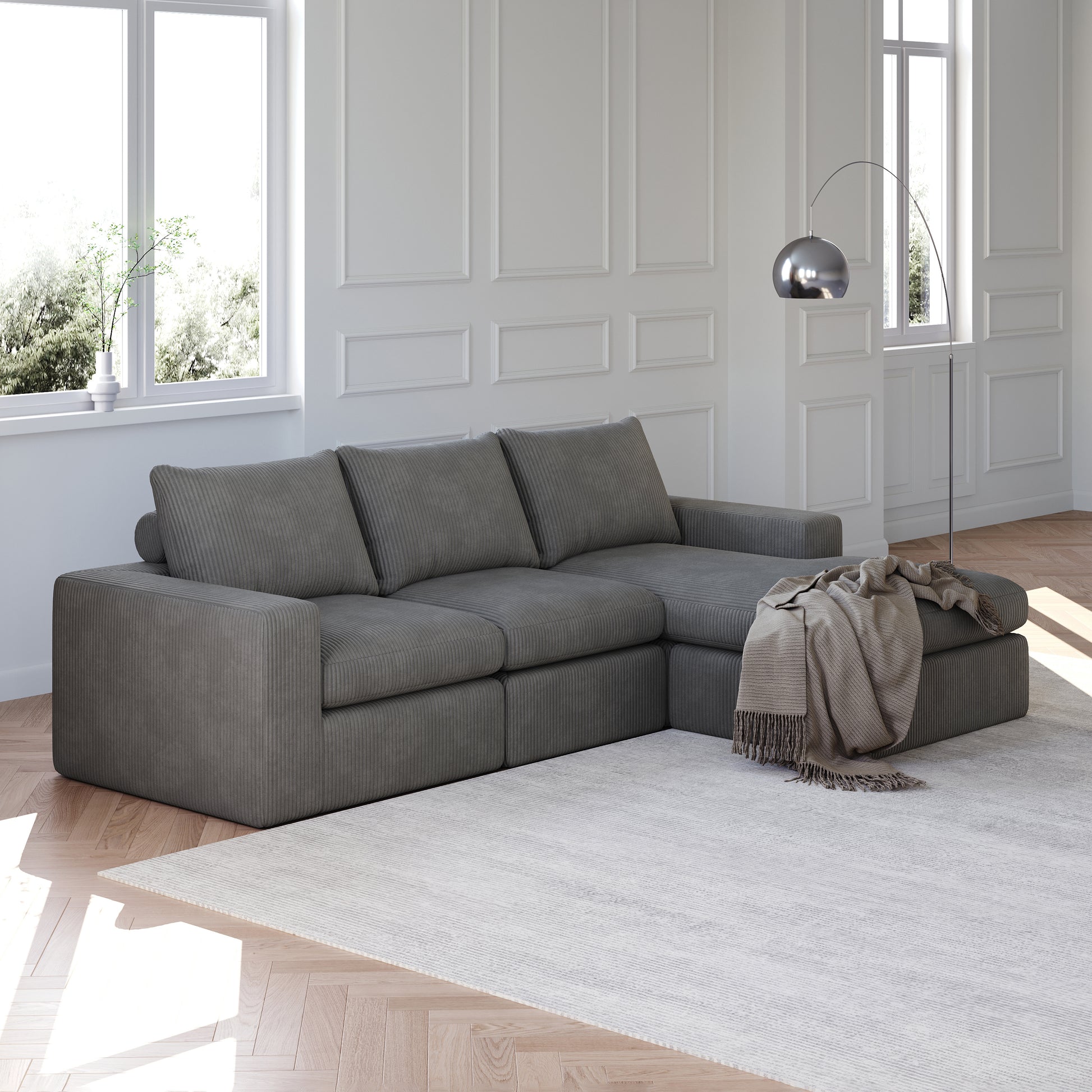 99-Inch Boneless Couch with Chaise, L-Shaped Modern Upholstered Sectional Sofa with Three pillows, Corduroy Sectional Sofa for Living Room and Bedroom, No Assembly Required