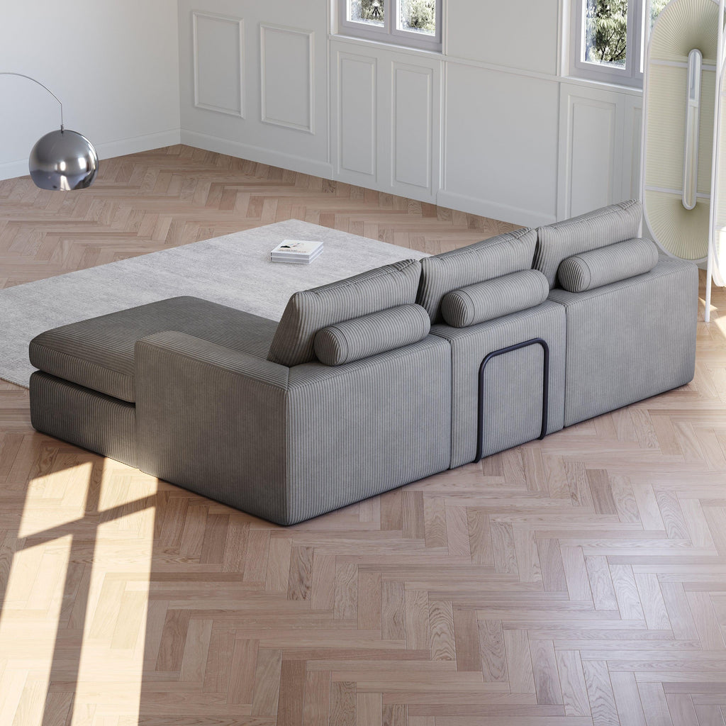99-Inch Grey L-Shaped Corduroy Sectional Sofa With Chaise.