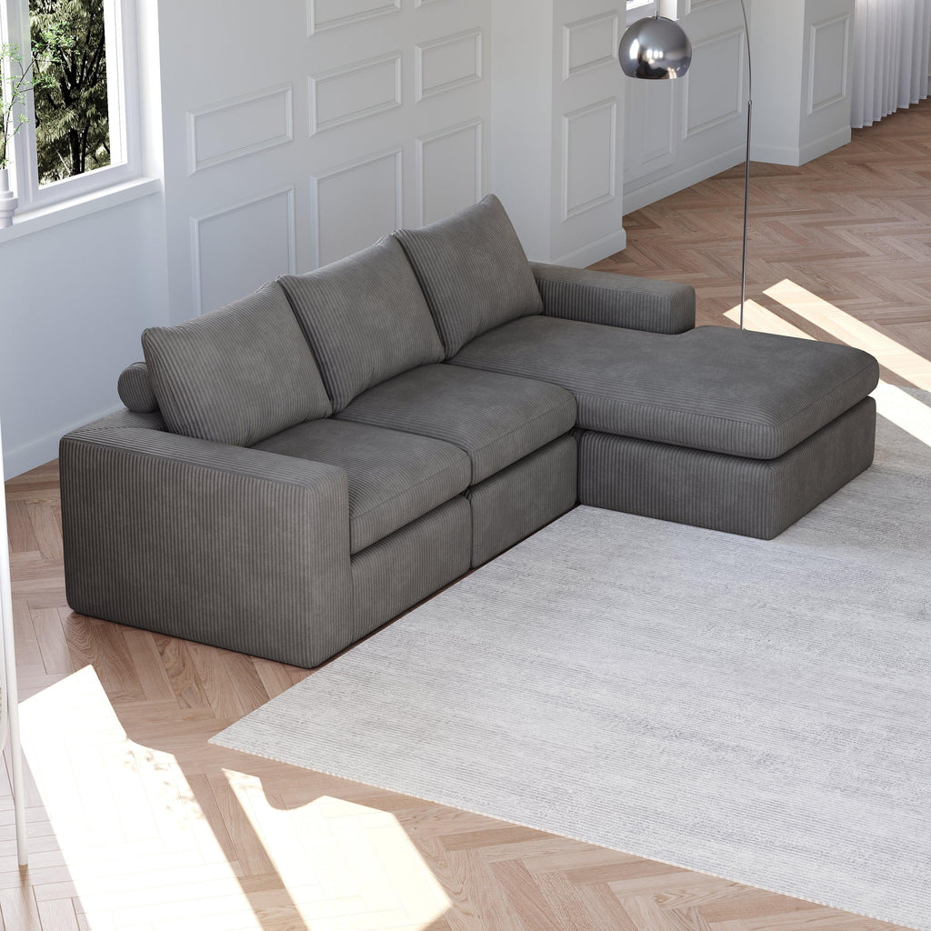 99-Inch Grey L-Shaped Corduroy Sectional Sofa With Chaise.