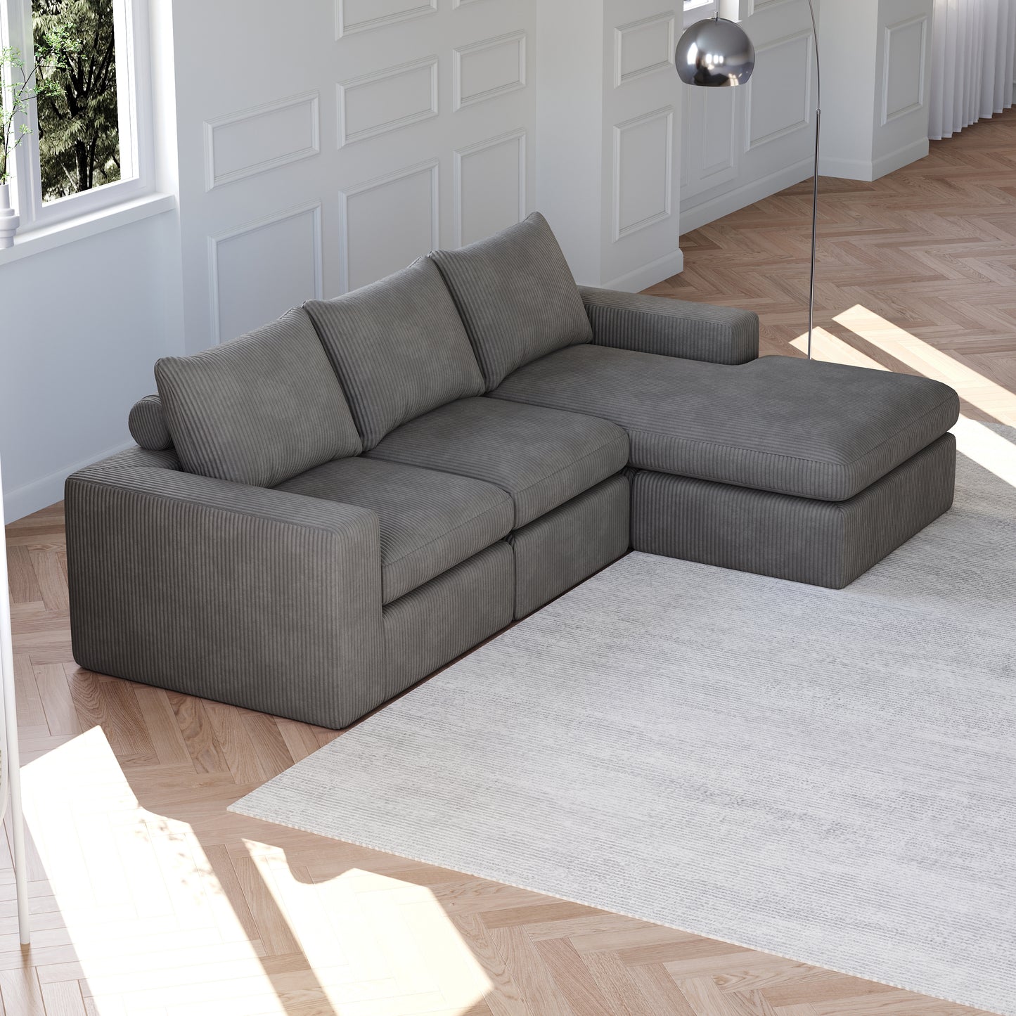 99-Inch Boneless Couch with Chaise, L-Shaped Modern Upholstered Sectional Sofa with Three pillows, Corduroy Sectional Sofa for Living Room and Bedroom, No Assembly Required