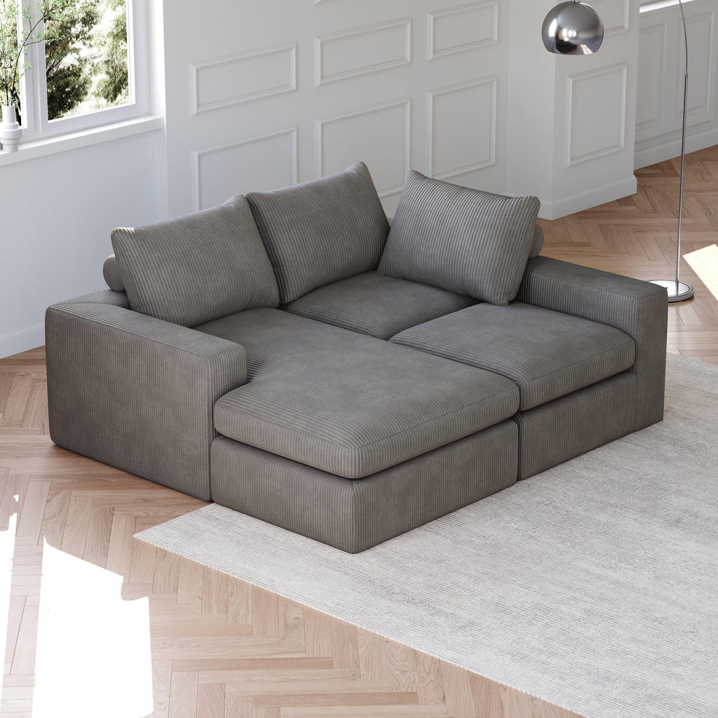 99-Inch Grey L-Shaped Corduroy Sectional Sofa With Chaise.