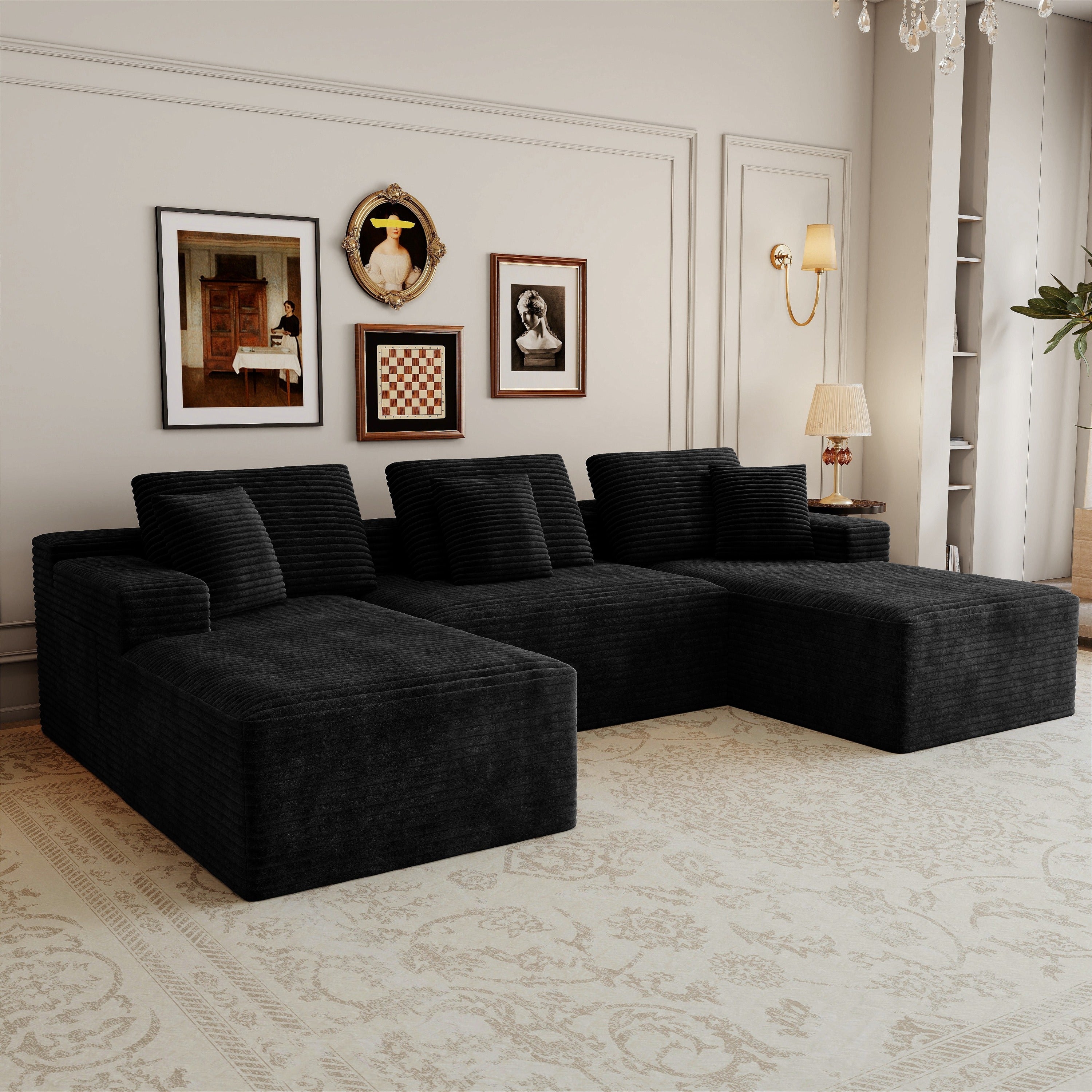 6-Piece Modular Corduroy Sectional Sofa in Black - No Assembly