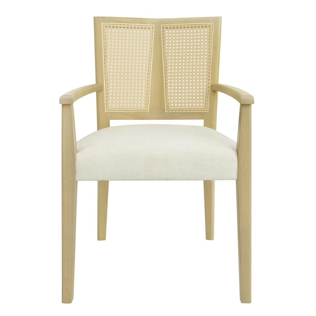 Front view of modern dining chair with rattan backrest and cushioned foam seat, crafted from durable light wood for stylish dining spaces.