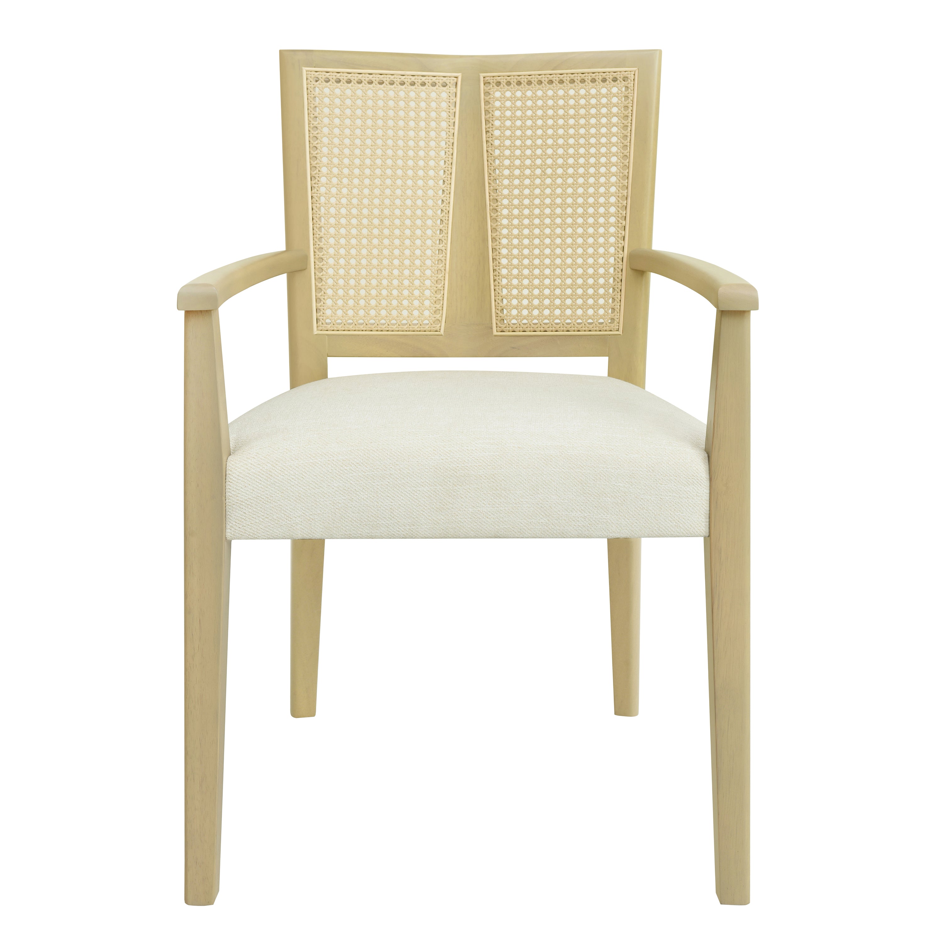 Front view of modern dining chair with rattan backrest and cushioned foam seat, crafted from durable light wood for stylish dining spaces.