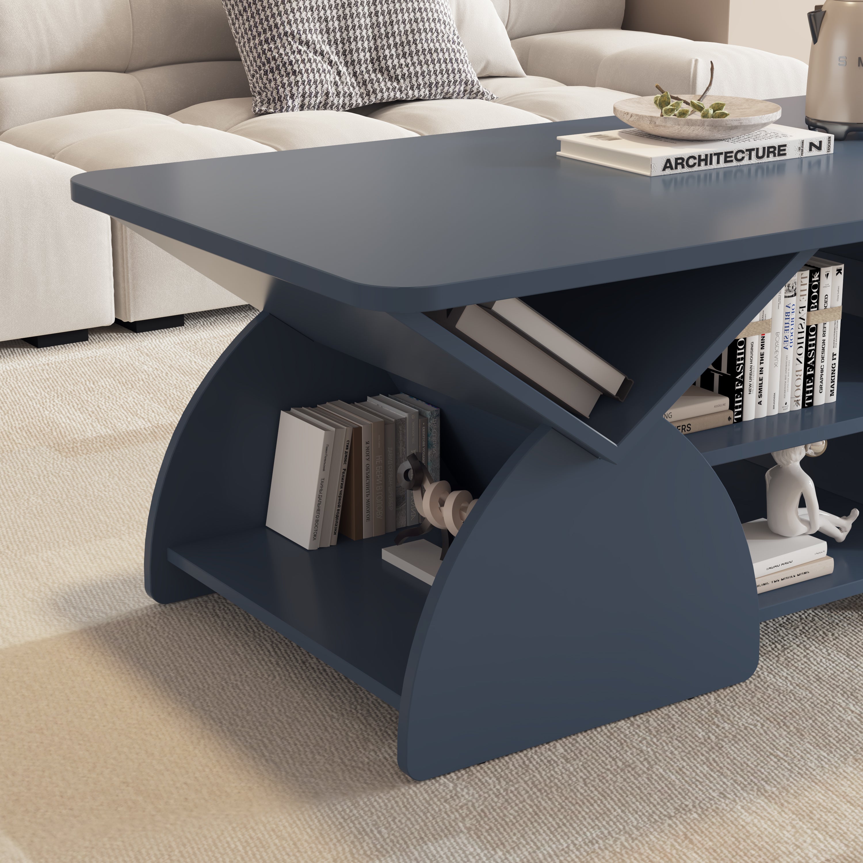 Side detail of Blue Geometric Coffee Table - Engineered Wood Design, featuring angled shelves and curved base supports.