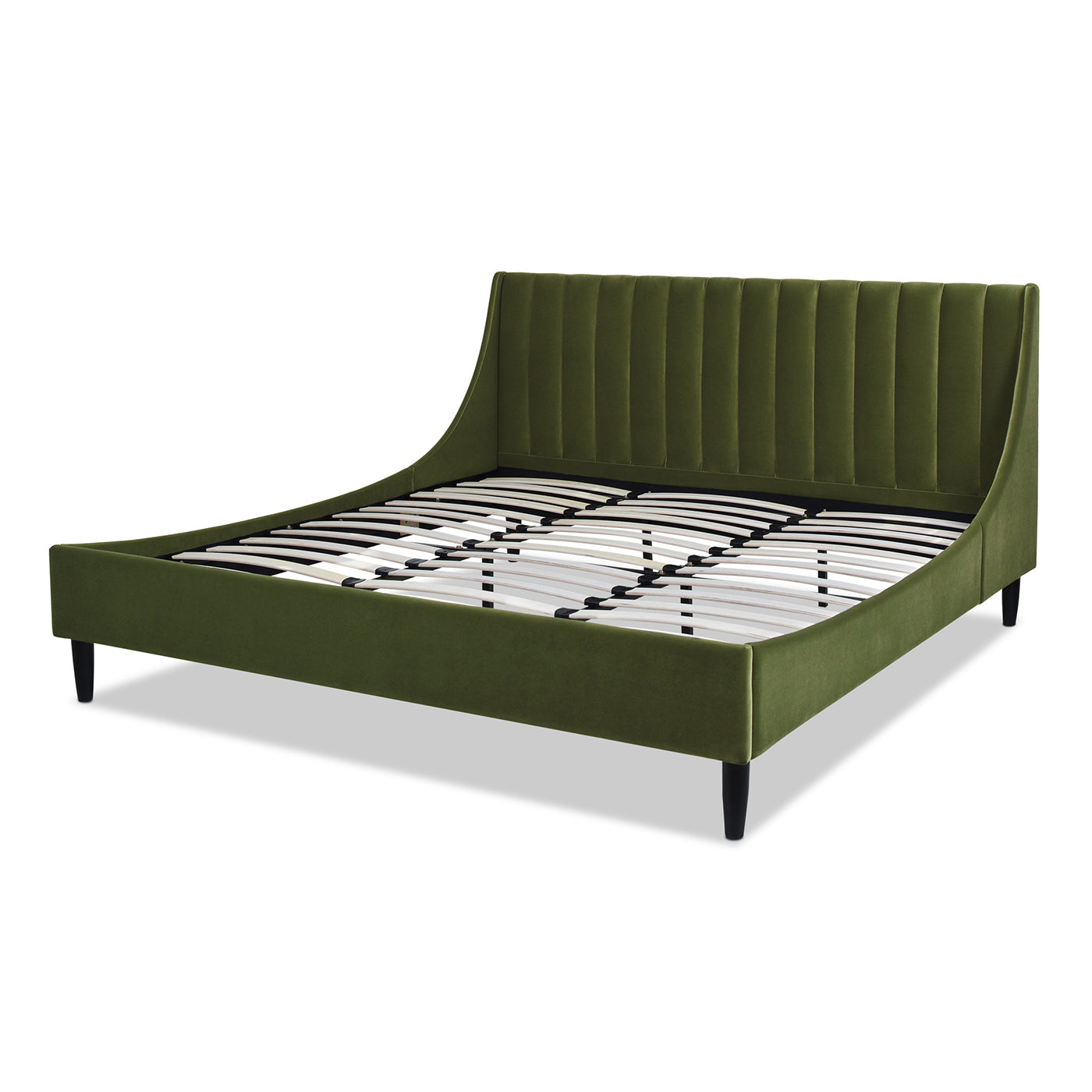 Aspen Olive Green Velvet King Bed Set shown without mattress, highlighting slatted platform base and vertical tufted headboard.