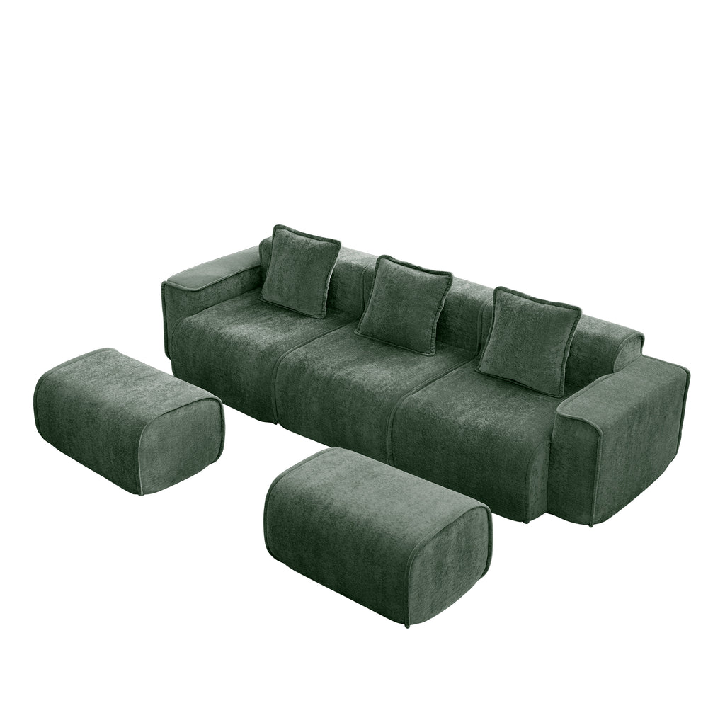 Angled view of Velvet Modular U Shape Sofa - 3 Seats with Pillows and Ottomans, showcasing its modular layout and soft velvet.