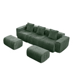 Angled view of Velvet Modular U Shape Sofa - 3 Seats with Pillows and Ottomans, showcasing its modular layout and soft velvet.