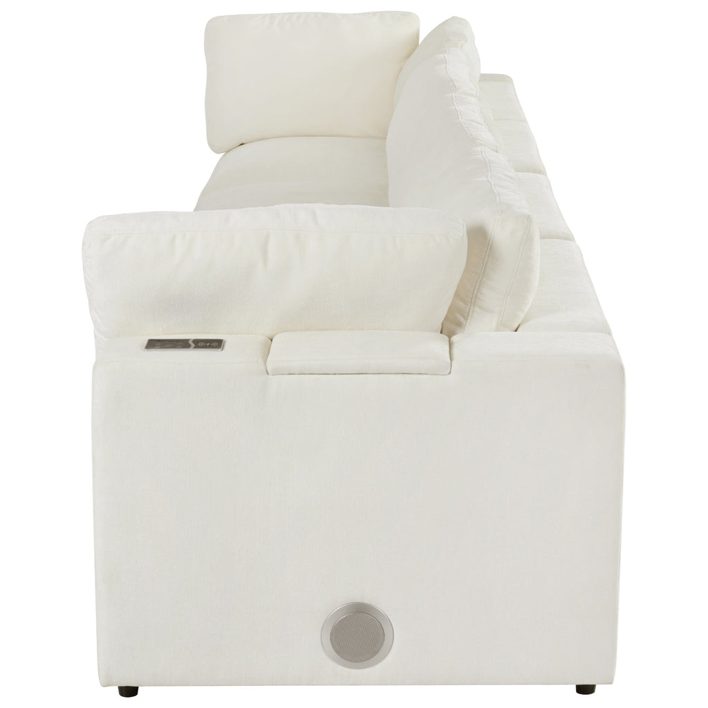 Side view of Modular Sofa with Charging and Storage in chenille fabric, showing built-in speaker and smart control panel.