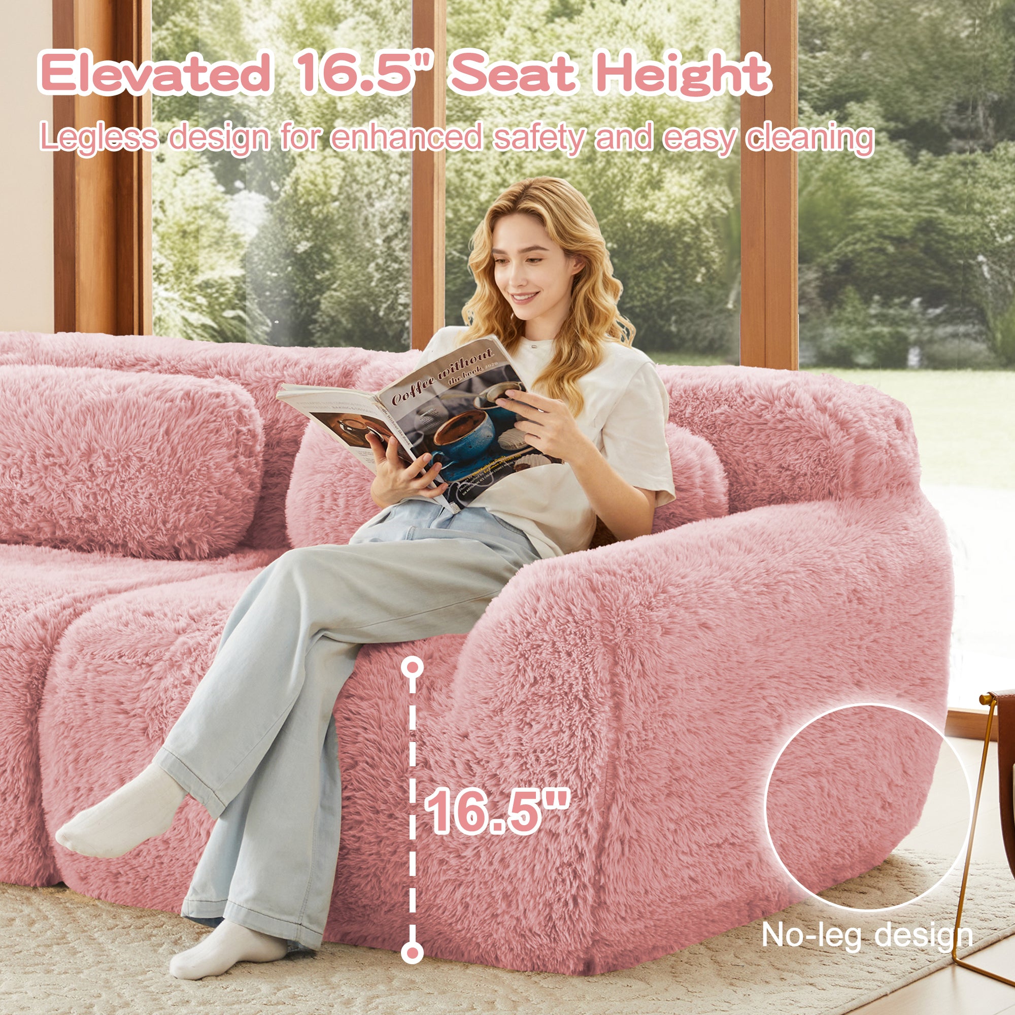 Woman reading on pink modular plush sofa with 16.5-inch elevated seat height and legless design for safety and easy cleaning.