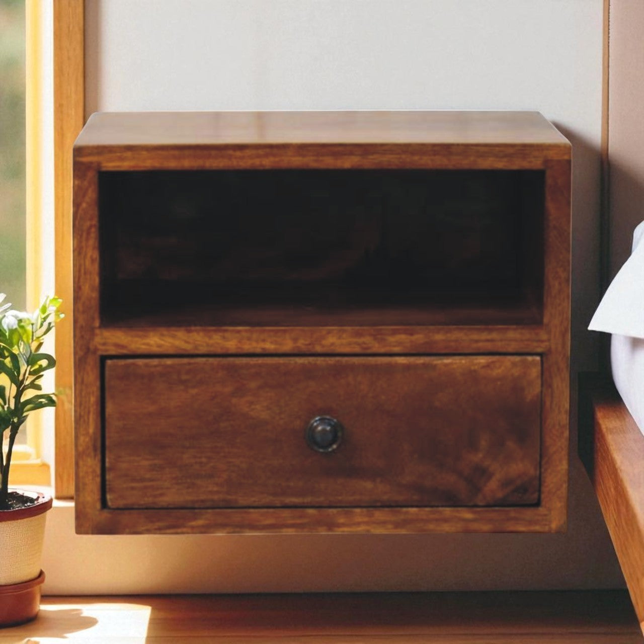 Solis 1-Drawer Chestnut Wall-Mounted Nightstand, 1 Open Slot, Brown