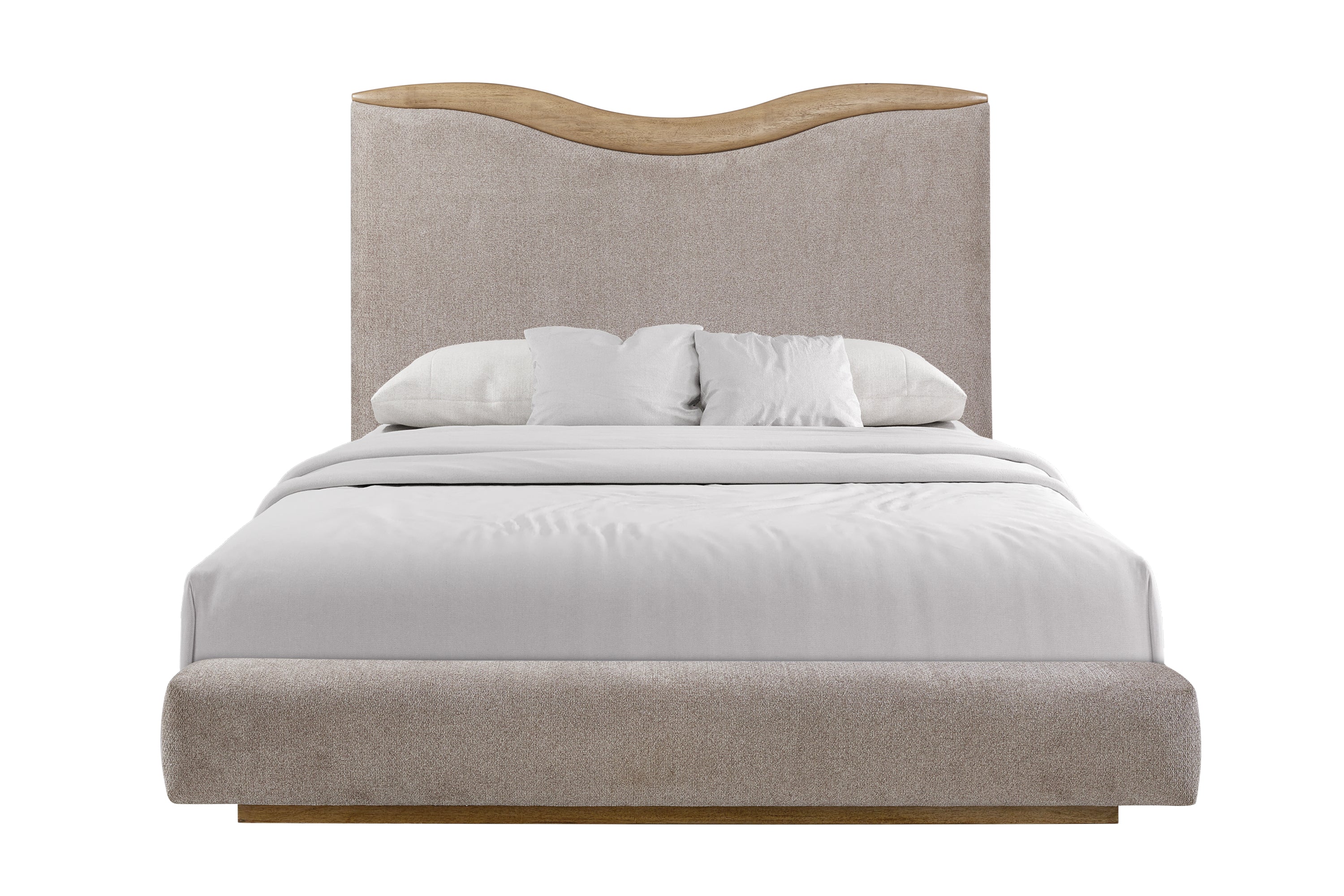 Upholstered queen bed with curved headboard in beige fabric and wood trim, featuring a low-profile platform frame for modern bedrooms.