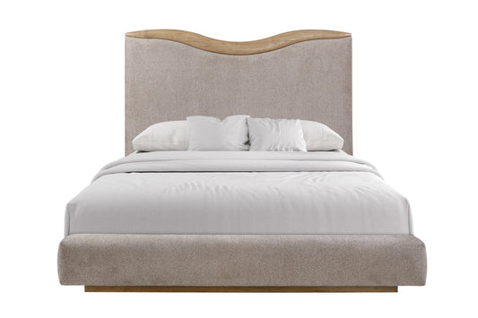 Upholstered queen bed with curved headboard in beige fabric and wood trim, featuring a low-profile platform frame for modern bedrooms.