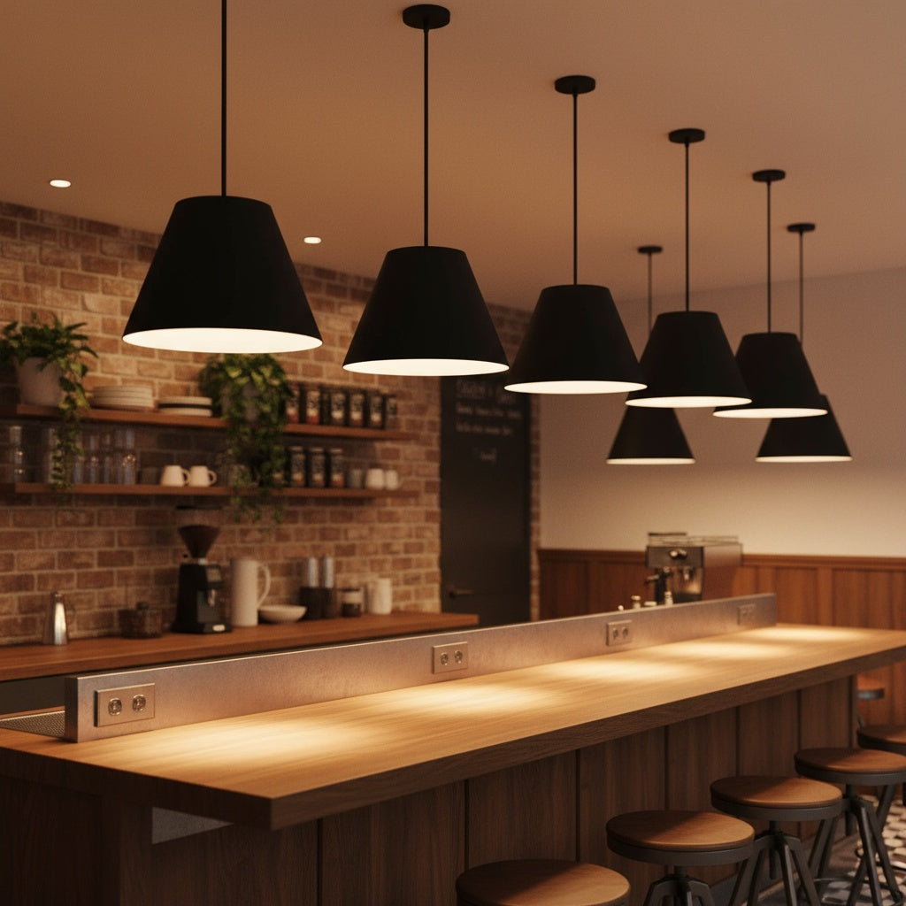Multiple 16 inch LED black pendant lights illuminating a cozy café counter. Dimmable and efficient lighting for hospitality spaces.