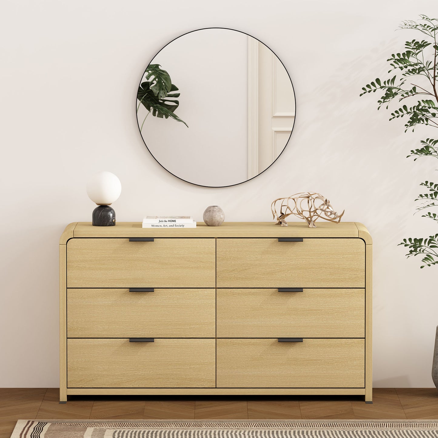 Grace 60" Dresser in Natural Oak styled in a bedroom with decor, showcasing its sleek design and spacious storage.