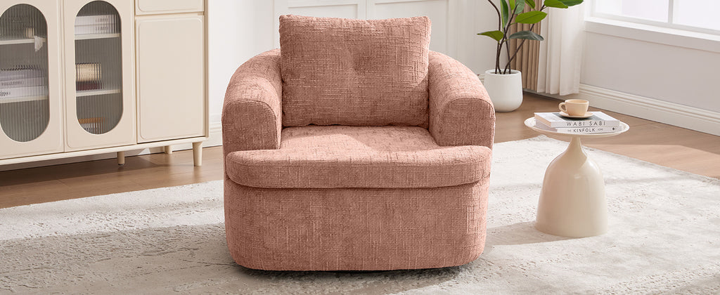 Modern Pink Swivel Barrel Chair with 360° Rotation and Dual-Layer Cushion for Living Room, Bedroom, Office, 36.6' Round Accent Chair in Chenille