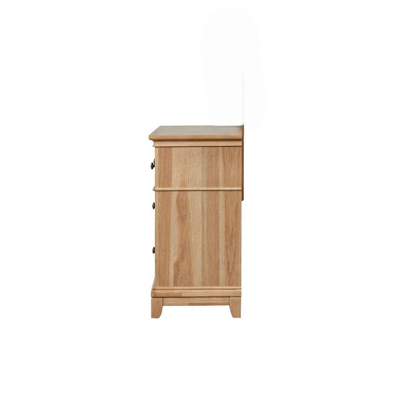 Side profile of the Natural Oak Storage Dresser showing its solid wood construction and smooth finish.