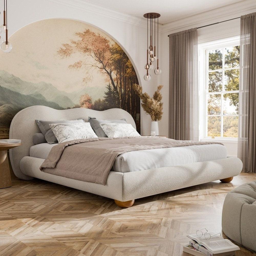King Size Boucle Upholstered Bed with Wood Feet.