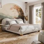 King Size Boucle Upholstered Bed with Wood Feet.