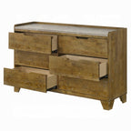 Transitional brown dresser with partially open drawers, highlighting internal storage space and durable rubberwood build.