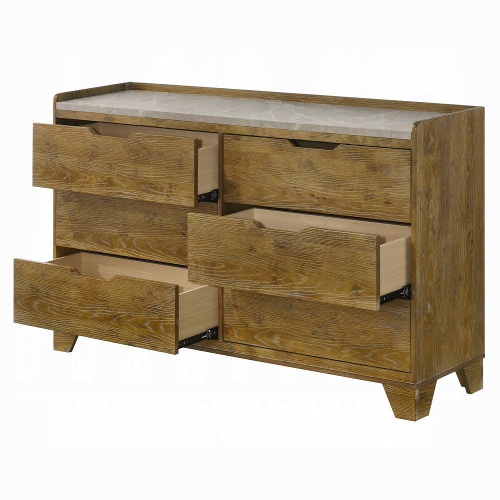 Transitional brown dresser with partially open drawers, highlighting internal storage space and durable rubberwood build.