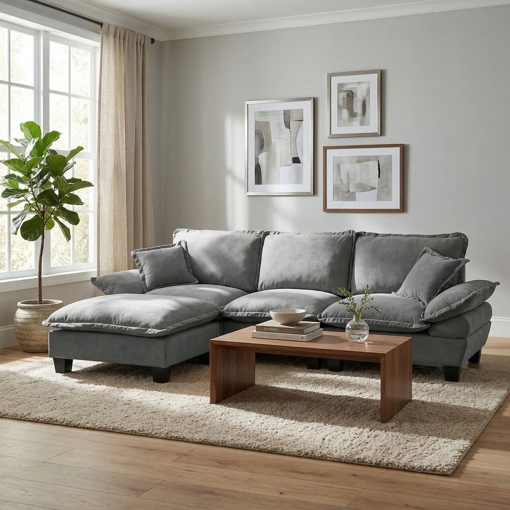 Modern Grey Chenille L-Shape Modular Sectional Sofa with Ottoman
