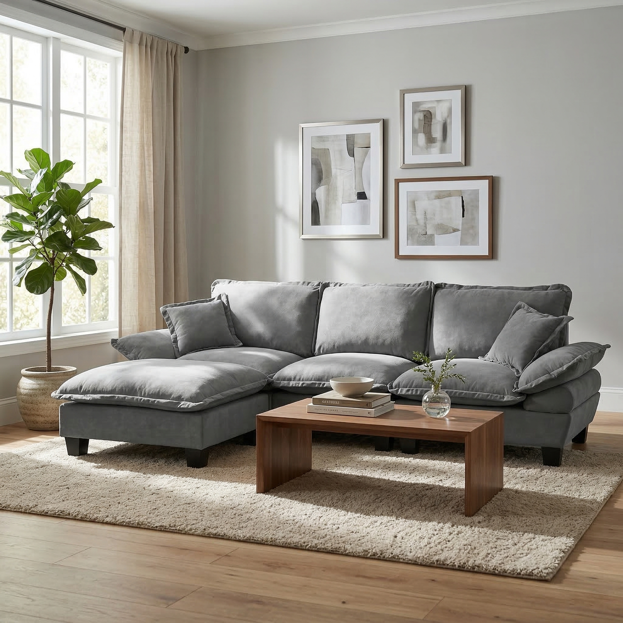 Modern Grey Chenille L-Shape Modular Sectional Sofa with Ottoman