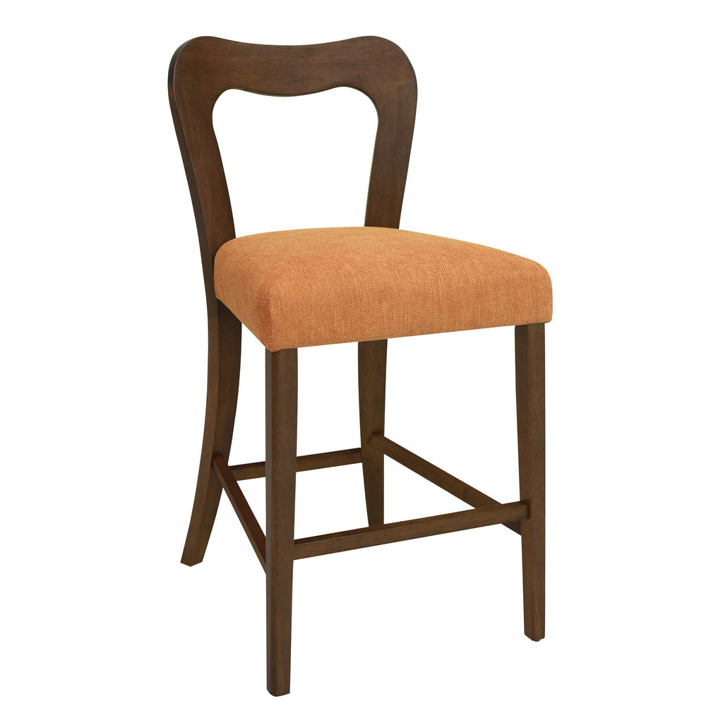 Angled view of Walnut Caramel Counter Stool featuring a curved back and caramel fabric seat. Built with a sturdy rubberwood frame.