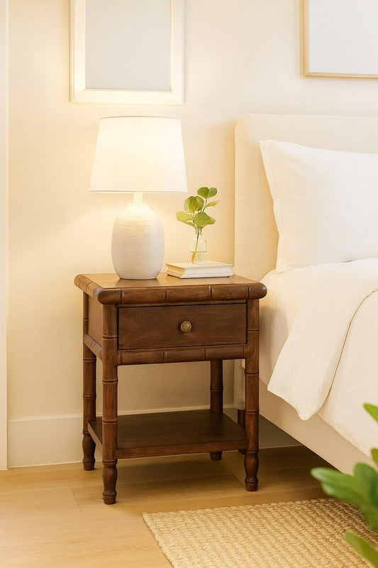 Solid Wood Bamboo Carved Bedside Table,Brown,1-Drawer,1-Shelf