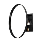 Angled view of Round Black Metal Medicine Cabinet with Mirror showing side storage compartments for bathroom essentials.