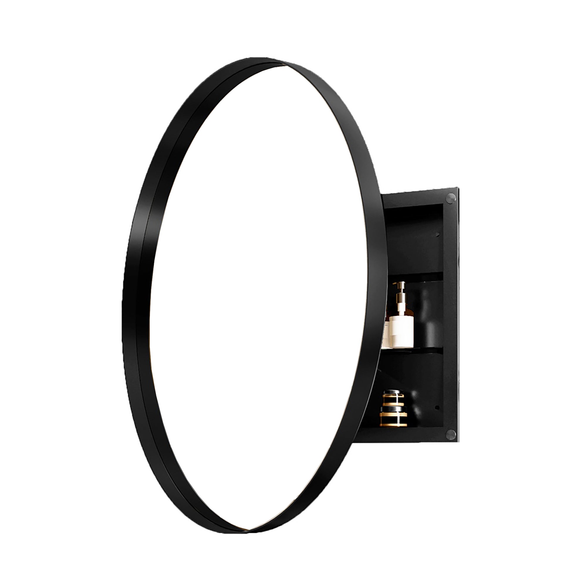 Angled view of Round Black Metal Medicine Cabinet with Mirror showing side storage compartments for bathroom essentials.