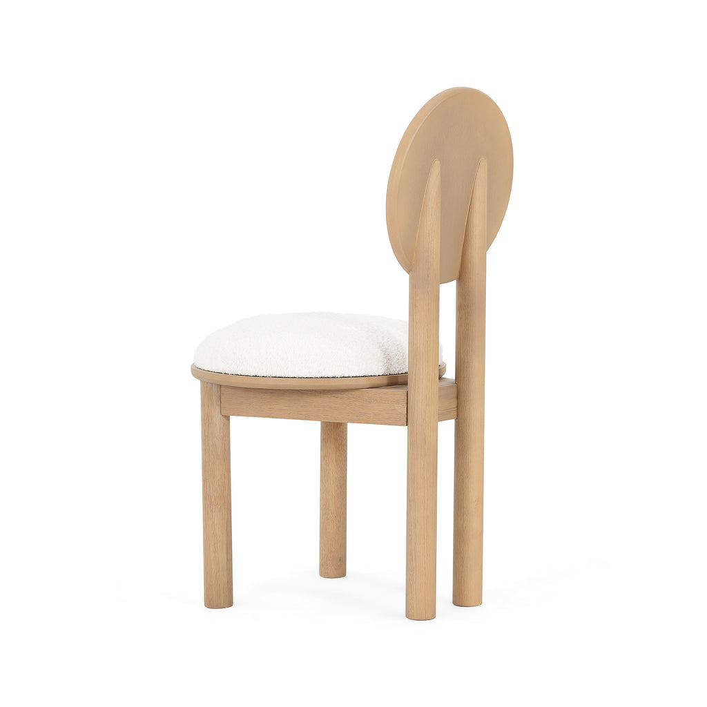Rear side angle of polyester dining chair emphasizing the curved wood backrest support.