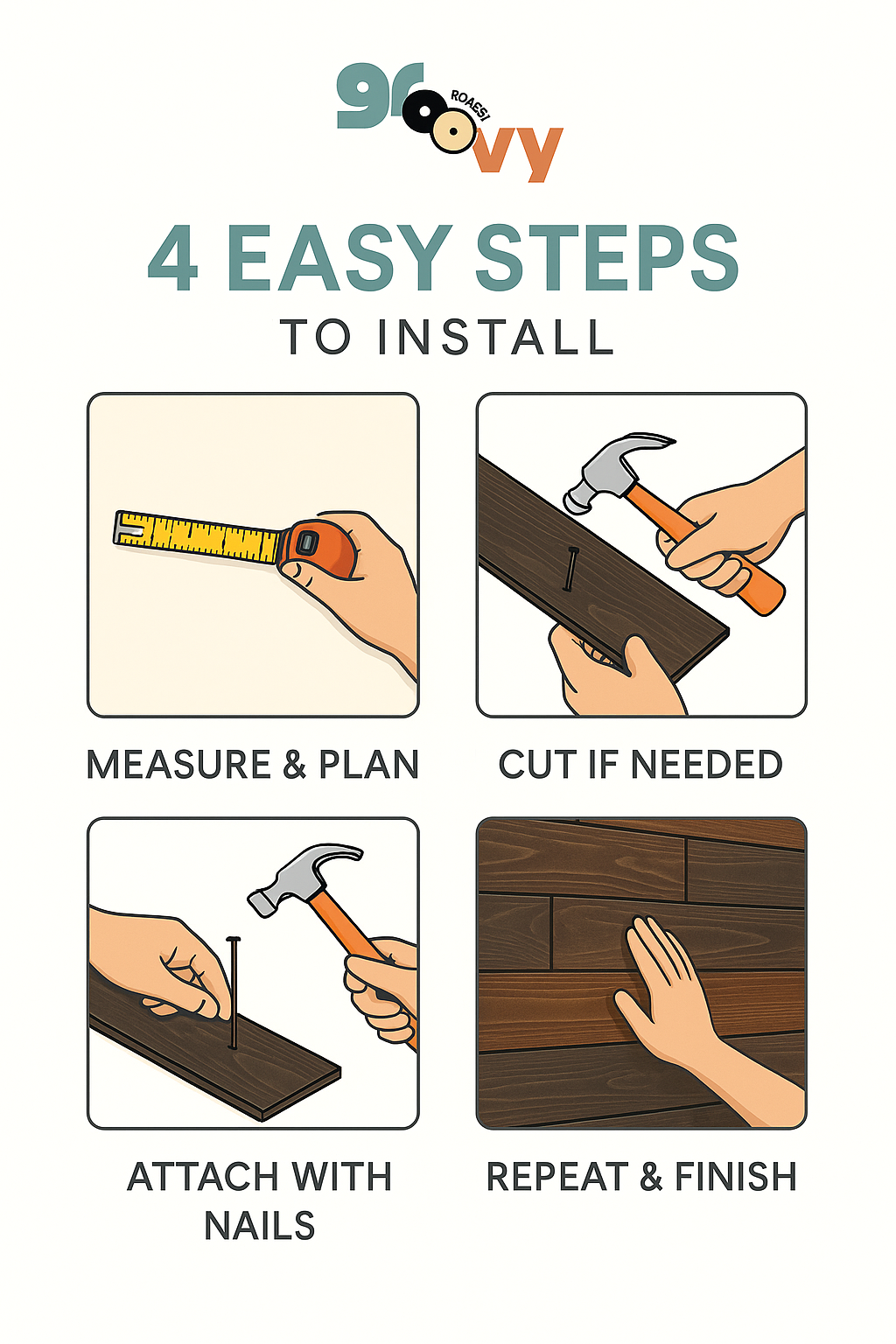 Step-by-step installation guide for Wood Slat Wall Paneling 13.75ft²/box, illustrating easy DIY setup with measuring, cutting, and nailing.
