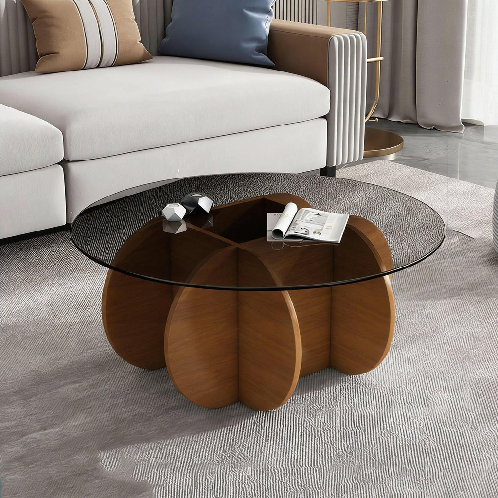 Modern Round Coffee Table - Walnut and Glass Design.