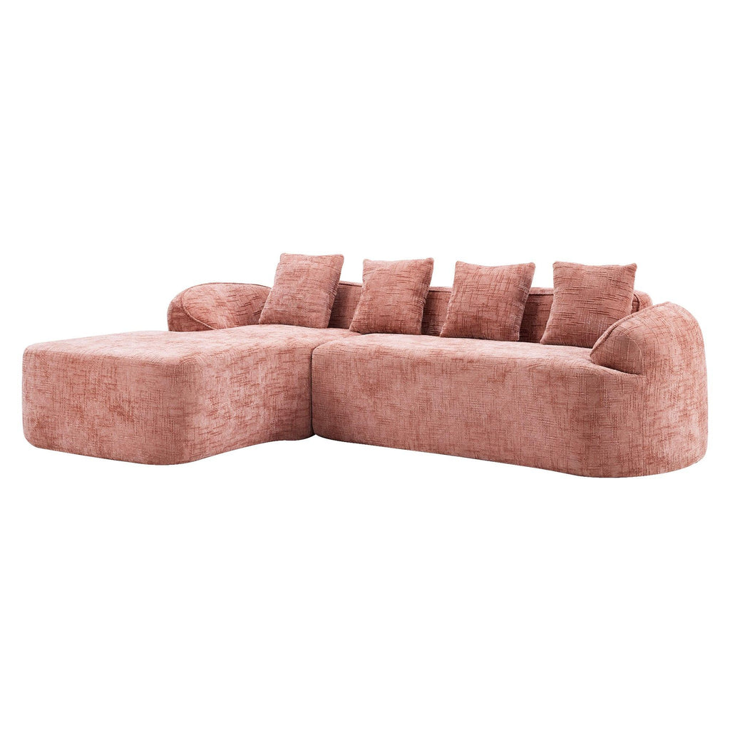 Angled front view of Pink Chenille L-Shaped Sofa with five cushions and a space-saving layout for modern living rooms.