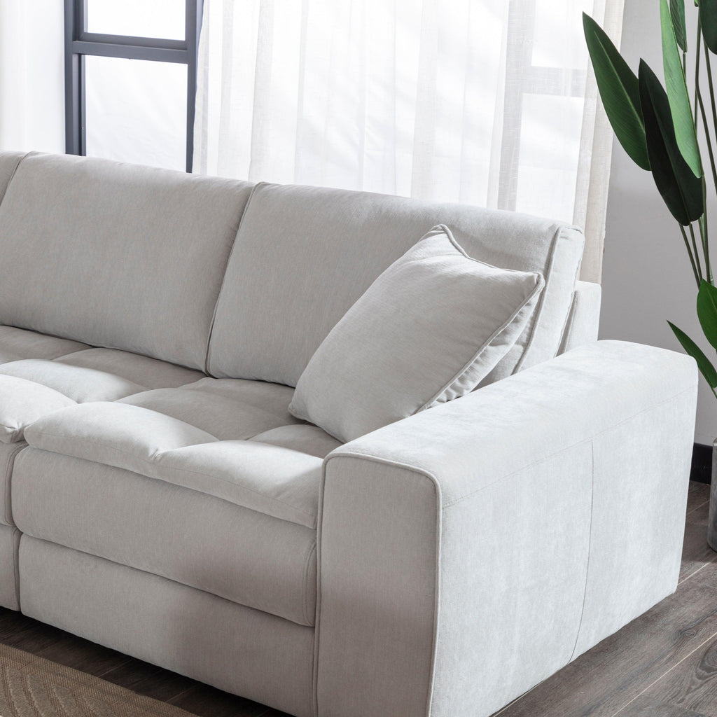 Breton Modern Tufted Sofa with Ottoman in Oyster Grey.