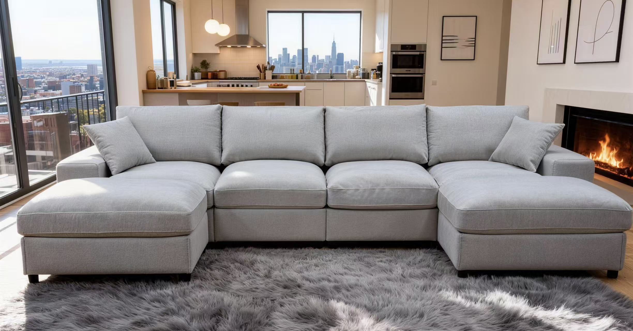 Beige Chenille 6-Seater Sectional Sofa with Two Ottomans