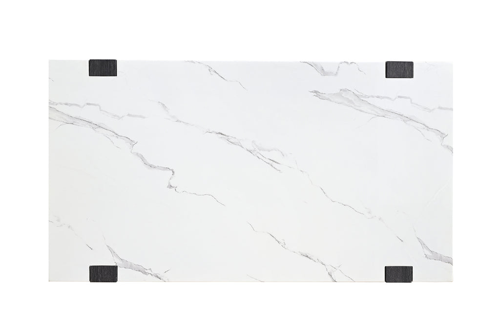 Top view of modern coffee table faux marble showcasing white surface with gray veining and black corner accents.