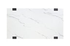 Top view of modern coffee table faux marble showcasing white surface with gray veining and black corner accents.