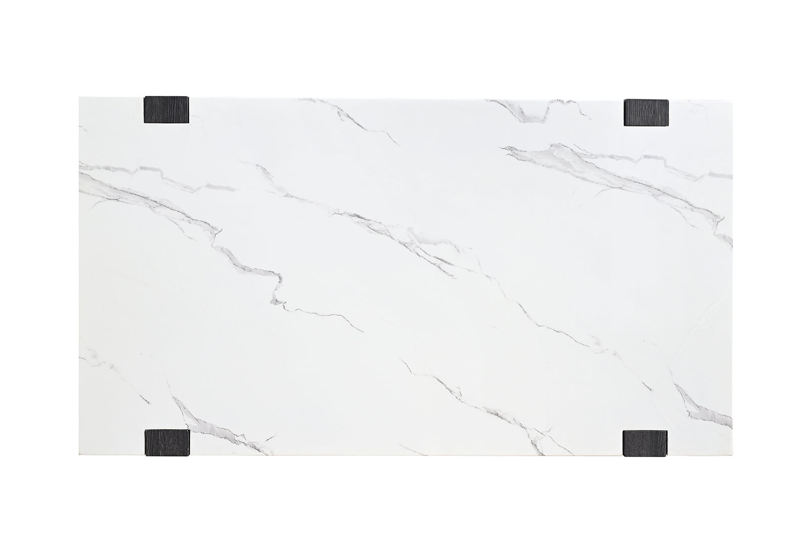 Top view of modern coffee table faux marble showcasing white surface with gray veining and black corner accents.