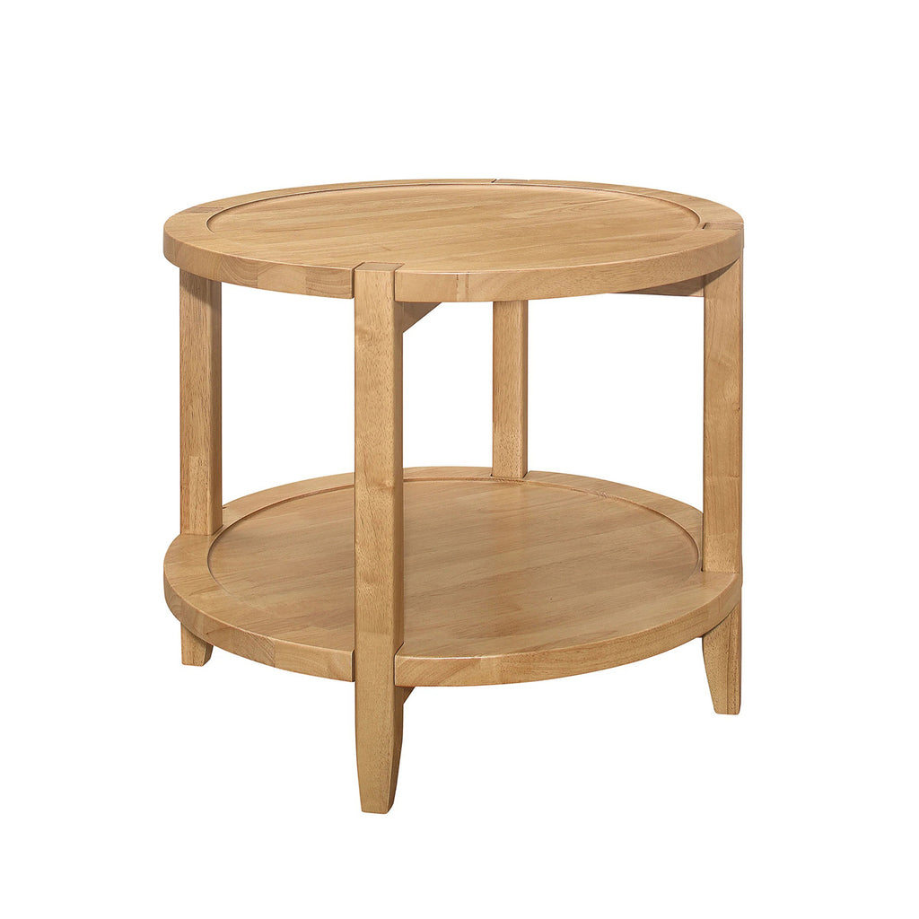 Maple Brown Round Wooden End Table with Shelf featuring a smooth top and lower storage shelf, ideal for living room decor and functionality.